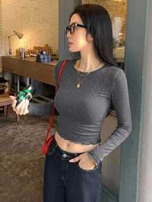 DAZY 女款露肩方領修身長袖極簡性感休閒內搭套頭優雅T恤 - 灰色 - 查看 3