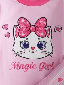 SHEIN 女嬰卡通貓咪印花長袖上衣與長褲居家服套裝 - 粉色 - 查看 5