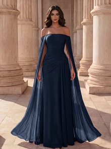 Coutiva Women's Cold Shoulder Pleated Elegant Formal Graduation Evening Gown Opening Ceremony, Birthday Party, Wedding, Prom Navy Blue Fall - Navy Blue - View 4