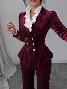 SHEIN Elenzya Women's Colorblock Pleated Long Sleeve Jacket And Pants Suit Set - Red - View 3