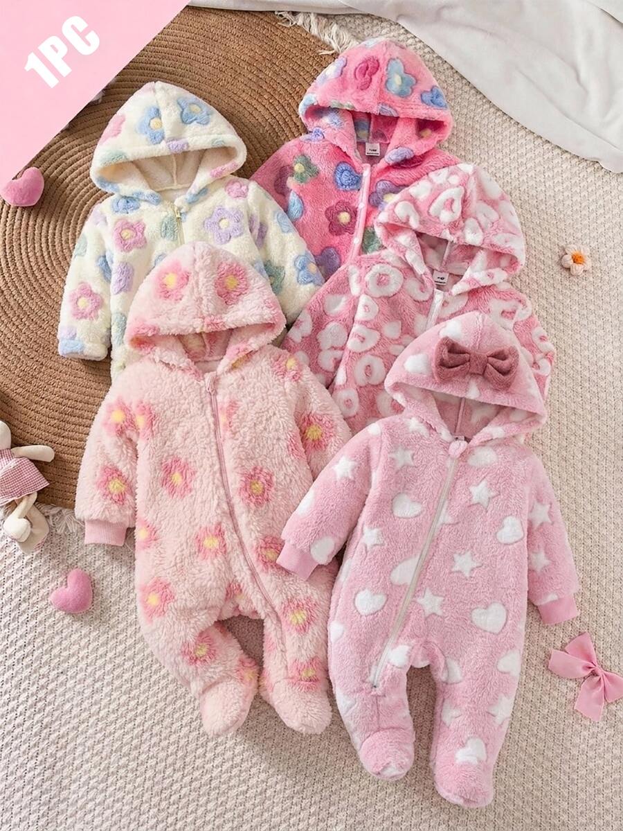 Vintaside Kids 新生兒寶寶愛心印花抓絨連身衣-長袖連帽連腳睡衣 秋冬款 - 粉色 - 查看 1