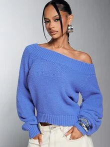 Denimoi Women's Autumn/Winter Solid Color Asymmetrical Shoulder Straight Neckline Loose Oversized Chunky Knit Long Sleeve Sweater - Blue - View 1
