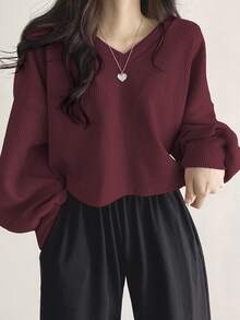 DAZY Women's Solid Color V-Neck Fashion Casual Long Sleeve T-Shirt - Red - View 2