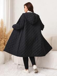 Easowa Curve Plus Size Women's Long Sleeve Zipper Front Pocket Hooded Winter Jacket - Black - View 2