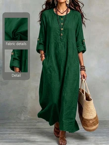Linhara CURVE New Loose Casual Daily Versatile Navy Blue Solid Color Plus Size Dress Fall - Dark Green - View 1