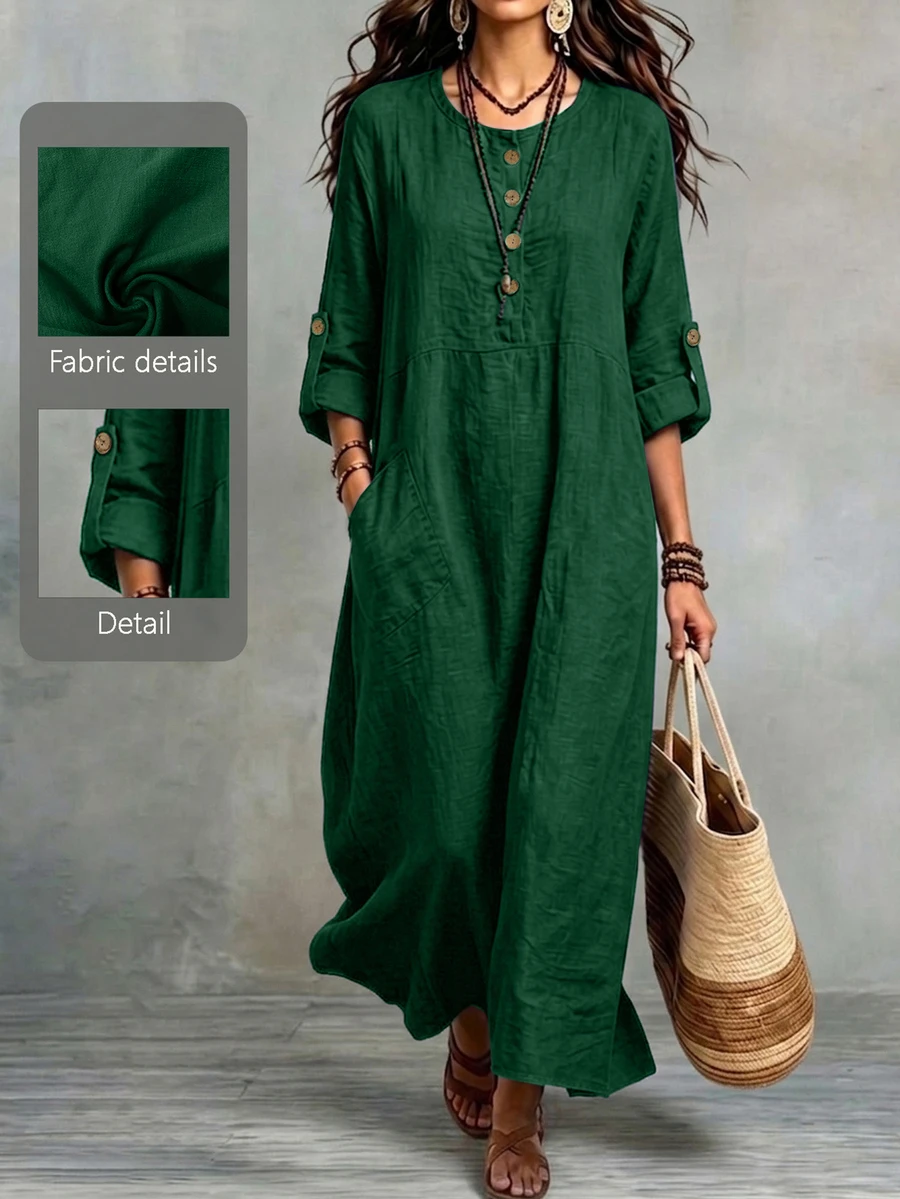 Linhara CURVE New Loose Casual Daily Versatile Navy Blue Solid Color Plus Size Dress Fall - Dark Green - View 1