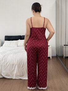 Napfluff CURVE Napfluff CURVE Cute Polka Dot Print Contrast Trim Slim Fit Camisole Pants With Jacket Plus Size Pajama Set - Burgundy - View 2