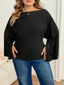 SHEIN CURVE+ Women's 22W Solid Color Pleated Casual Versatile Daily Travel T-Shirt - Black - View 8