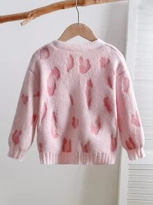 SHEIN 女童少女秋冬復古休閒豹紋V領開襟羊毛衫 節慶萬聖節返校穿搭 - 淺粉色 - 查看 2