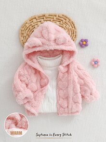 Cozy Pixies 女嬰 3D 耳朵珊瑚絨加厚愛心圖案連帽長袖外套 - 淺粉色 - 查看 3