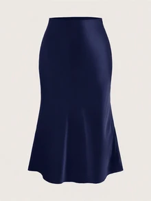 SHEIN EZwear 海軍藍高腰純色緞面質感大尺碼裙，適合派對與約會穿著 - 藏蓝色 - 查看 6