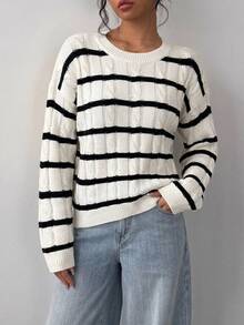 SHEIN 青少年女孩校園復古學院風黑白條紋長袖圓領秋季毛衣 - 黑與白 - 查看 2
