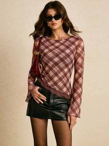 Poéselle Women's Plaid Round Neck Flared Sleeve Frill Trim Fashion T-Shirt - Rust Brown - View 6