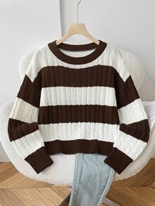 SHEIN 青少年女孩棕色與白色條紋海軍藍圓領毛衣，秋冬開學季 - 棕色 - 查看 2