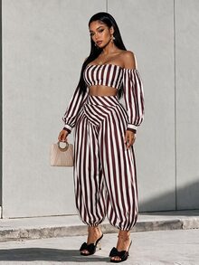 Eryvara Women's Brown Striped Pattern Cropped Tube Top And Loose Jogger Pants 2 Pieces Set, Suitable For Summer Tropical Vacation Wear. - Multicolor - View 5