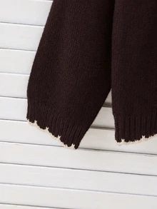 SHEIN 2件組女童毛衣套裝，簡約百搭圓領白色飾邊套頭毛衣搭配黑色直筒寬腿褲，適中厚度，整潔下擺，柔軟親膚質感，觸感細膩，可分開穿著，適合日常穿著、上學、購物、戶外活動等場合，秋冬穿搭 - 棕色 - 查看 3