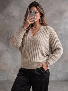 Ceyna كنزة صوفية نسائية مقاس كبير بتصميم أكمام خفاشية مضلعة، كاجوال للتنقل اليومي، ملابس علوية للخريف/الشتاء - متعدد الألوان - مشاهدة 6