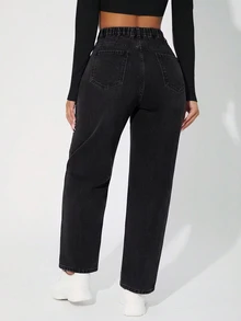 SHEIN ICON 大尺碼女款骨骼圖案口袋寬鬆休閒牛仔褲 - 黑色 - 查看 3