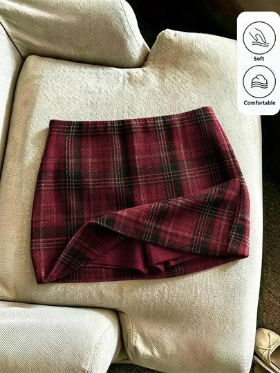 SHEIN Franclia 女款優雅秋冬休閒百搭日常紅色格紋學院風裙褲，女款優雅裙子，女款秋季穿搭，女款冬季服飾，女款羊毛裙，女款紅色裙子，假期，Y2K，復古風格，節慶穿搭，聖誕節，新年造型，返校舞會