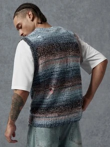 PAVTROS Men's Striped V-Neck Casual Versatile Knit Vest - Blue - View 2