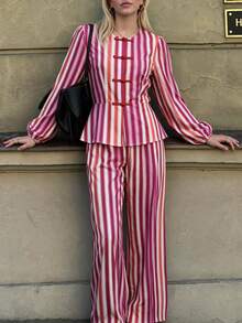 Flora Isola Flora Isola Women's 2pcs Set: Pink Chinese Style Frog Button Striped Shirt + Long Pants, Vacation Casual - Pink - View 3