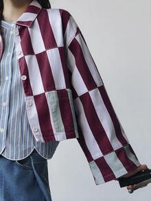 Nöista Chaqueta de mezclilla con cierre de botones delantero y cuello estampado - Burdeos - Ver 8