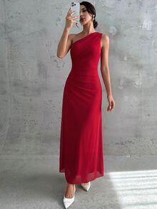 Firerie 女款優雅正式辦公通勤休閒度假派對復古教師風網紗素色連身裙 - 紅色 - 查看 8