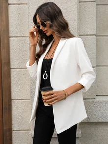 SHEIN LUNE Women's Solid Color Lapel 3/4 Sleeve Minimalist Versatile Commuter Jacket - White - View 4