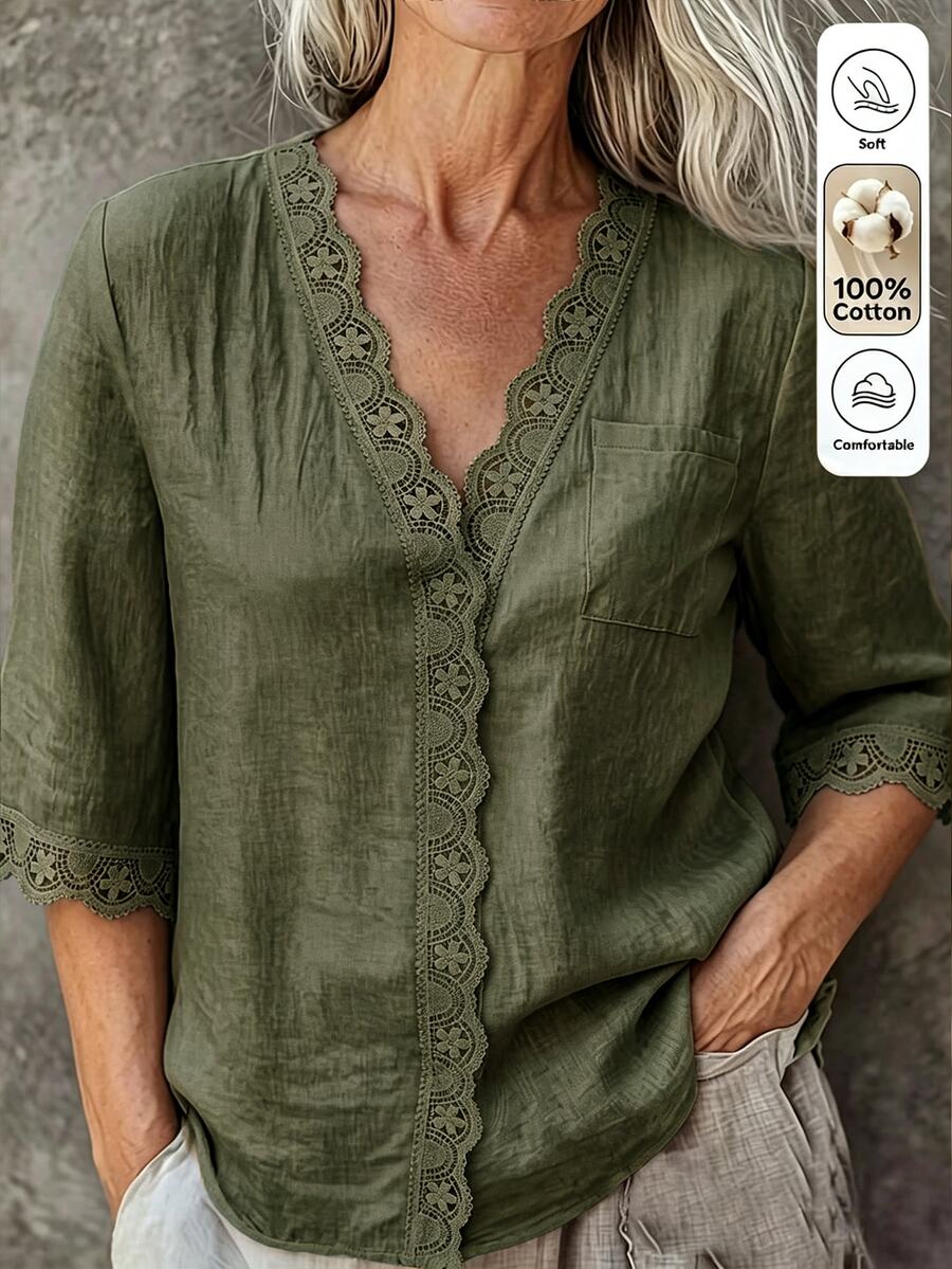 Linhara CURVE Plus-Size Women's Patchwork Lace Casual Autumn Blouse - Army Green - View 1