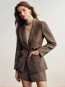 Briarwyn Women's Winter Solid Color Herringbone Patchwork PU Pocket Waist-Cinching Thickened Blazer Jacket - Coffee Brown - View 5