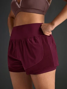 Powerista Women's Plus Size Solid Color Sports Shorts, Suitable For Running, Workout, Exercise, Yoga - Burgundy - View 3