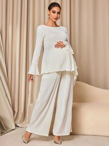 MaterniChic Round Neck Long Sleeve Asymmetrical Hem Ruffle Solid Color Maternity 2 Pieces Set - Apricot - View 5