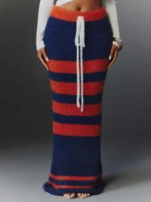 NYA SZN Knit Skirt Maxi Stripe Tie Front Athletic Holiday Festival Special Occasion Everyday Casual Work Concert Going Out Club Cozy Party Blue Fall Winter - Multicolor - View 2