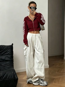 StreetHx 女款秋冬街頭風哥德字體短版前開襟運動衫 - 酒紅色 - 查看 6