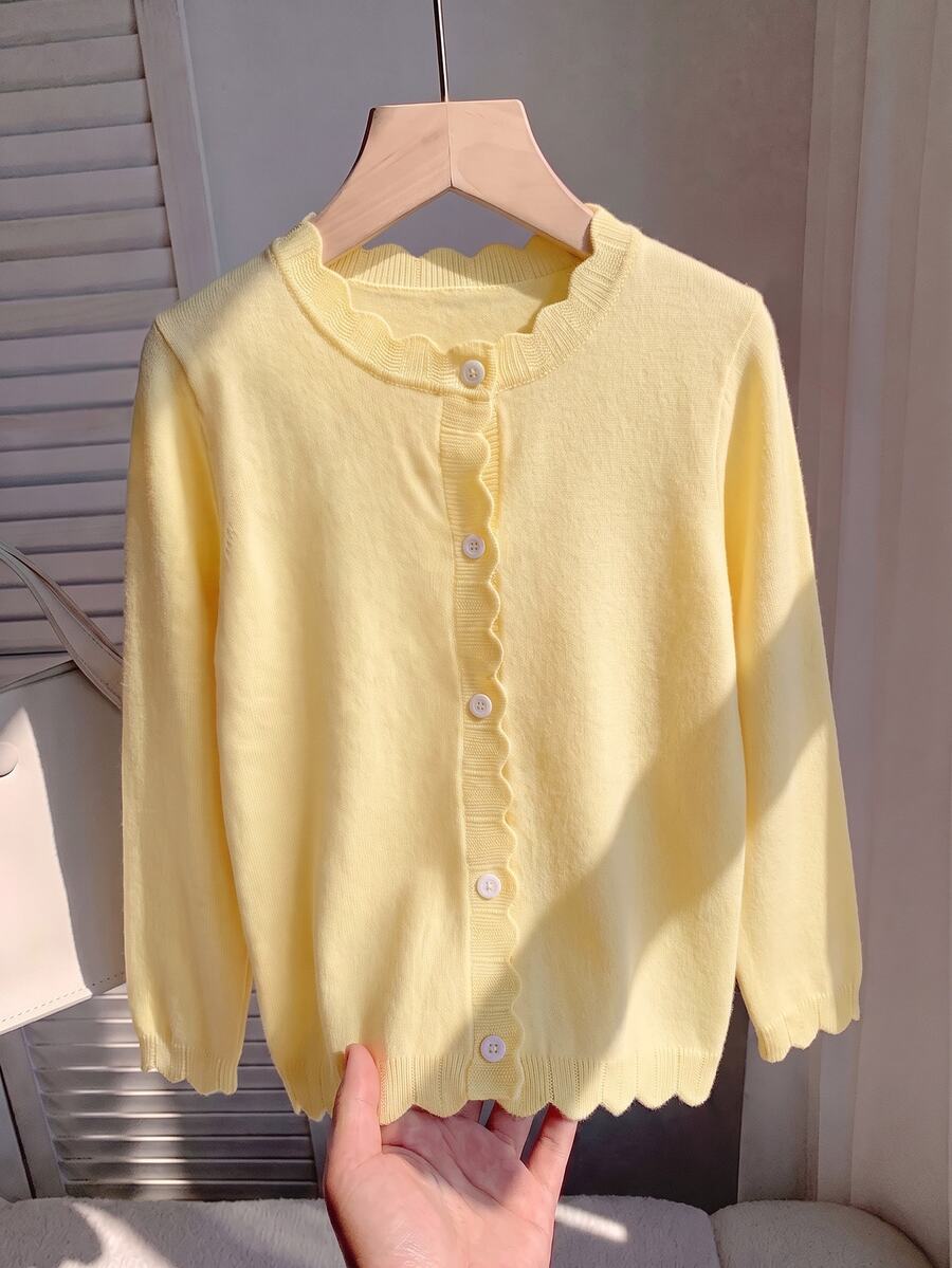 SHEIN Girls' Cute Peter Pan Collar Knit Cardigan Sweater Long Sleeve Jacket Autumn Fall - Yellow - View 1
