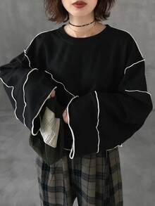 FRIFUL Women's Grey Loose Cropped Sweatshirt With Frill Trim, Spring Apparel - Black - View 4