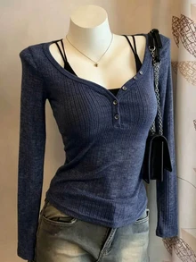 Lalippa Women's Button Design Long Sleeve 2 In 1 Top - Grey - View 1