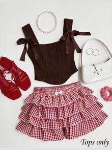 SHEIN MOD Plus Size Red Bow Front Tie Bustier Tank Top - Brown - View 6