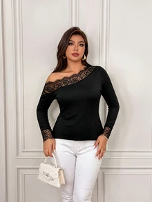 Femmeverse Plus Size Women's T-Shirt, Elegant Sexy Casual Minimalist Commute Versatile Cold Shoulder Lace Patchwork Design Long Sleeve - Black - View 7
