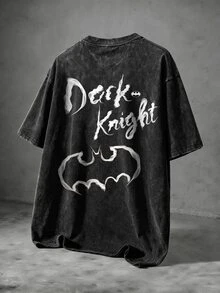 BATMAN X SHEIN Manfinity EMRG 男士大尺碼字母印花短袖休閒雪洗水 T-shirt - 黑色 - 查看 1