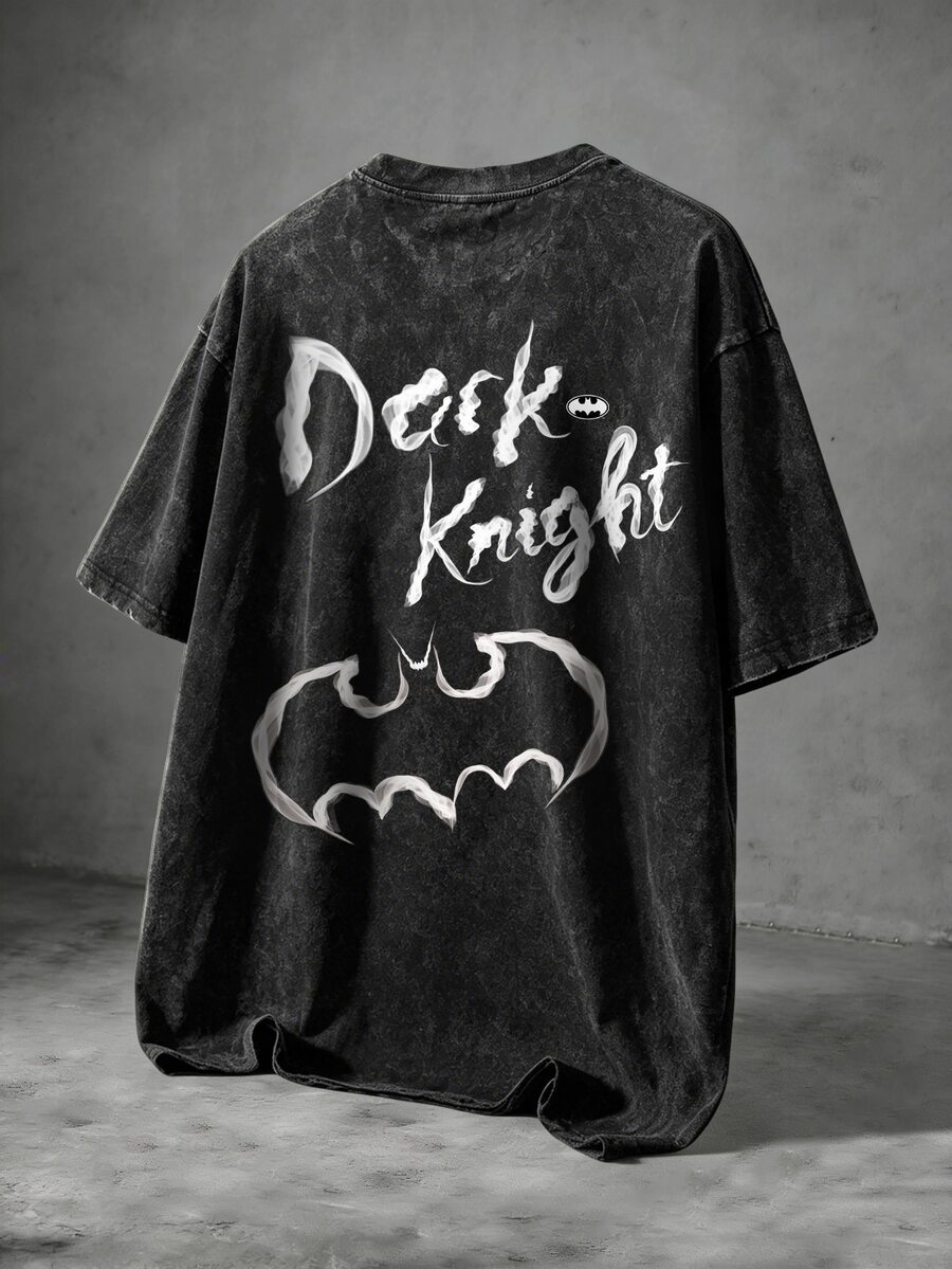 BATMAN X SHEIN Manfinity EMRG 男士大尺碼字母印花短袖休閒雪洗水 T-shirt - 黑色 - 查看 1