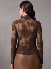 Anewsta Coffee Brown Autumn/Winter Floral Semi-Sheer High Neck Slim Fit Long Sleeve Blouse For Women, Suitable For Commuting, Dating, Gathering And Daily Wear - Brown - View 7