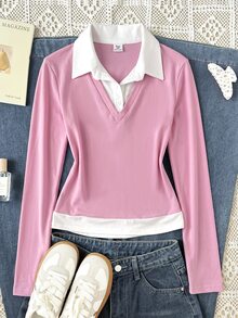 SHEIN 青少年女孩 T-shirt 春秋冬新款 粉色白色領口休閒學院風長袖 T-shirt，返校季，對比色襯衫領長袖休閒雙用途上衣 - 粉色 - 查看 4