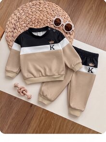 SHEIN Newborn Baby Letter Print Long Sleeve Top And Pants Set - Khaki - View 5