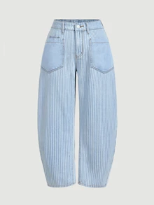 SHEIN CURVE+ Plus Size Women's Striped Pattern Pocket Design Button Straight Leg Casual Jeans - Blue - View 9