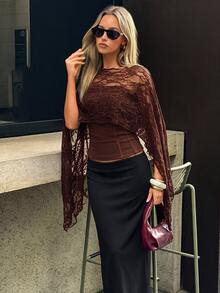 Aloruh Women's Round Neck Long Sleeve Transparent Blouse - Brown - View 5