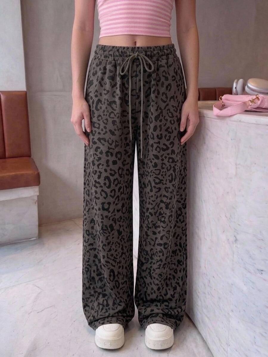 Comfortcana Women's Leopard Print Drawstring Waist Loose Casual Long Pants For Daily Wear - Black - View 1