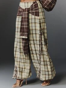 NYA SZN Pant Tie Button Up Plaid Stripe Holiday Festival Special Occasion Everyday Casual Work Concert Going Out Club Cozy Party Brown Neutral Fall Winter - Brown - View 1
