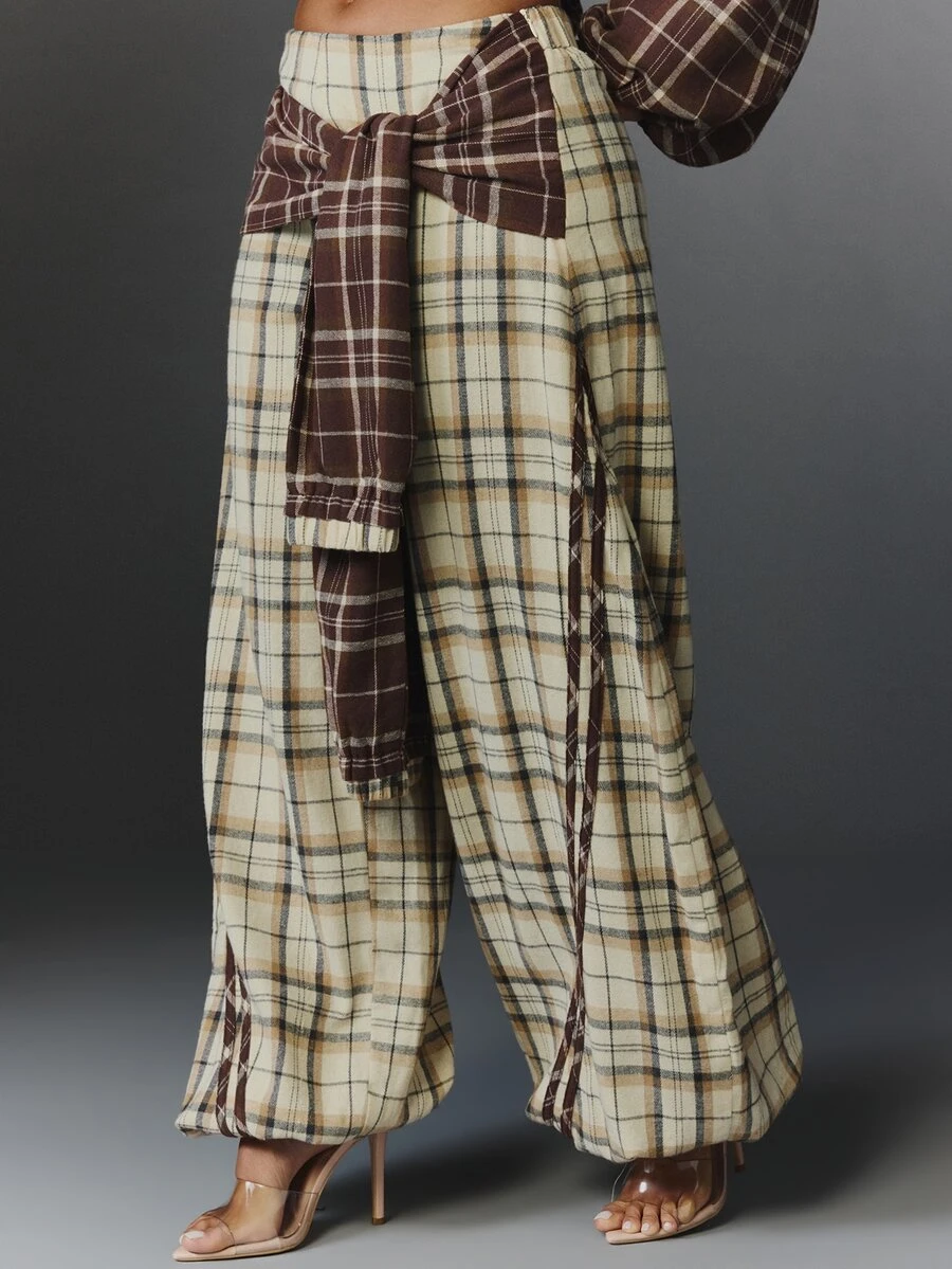 NYA SZN Pant Tie Button Up Plaid Stripe Holiday Festival Special Occasion Everyday Casual Work Concert Going Out Club Cozy Party Brown Neutral Fall Winter - Brown - View 1