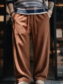STEELVANCE Men's Solid Color Drawstring Waist Wide Leg Loose Casual Pants - Coffee Brown - View 1